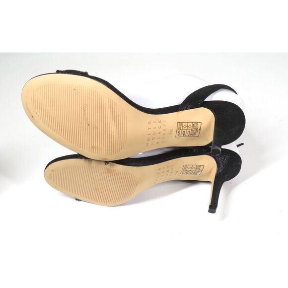 WHBM Shiloh Suede Heels Sandal Fringe Edges Ankle Strap Black Metallic Women 7 - Picture 7 of 7